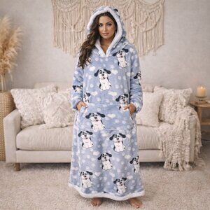 Blue Puppy Hoodie Blanket Dress Oversized Plush Sherpa Lounge Sweatshirt Pajamas